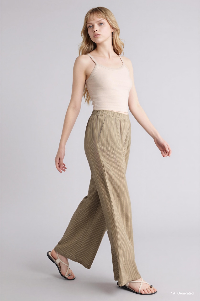 WOMAN Khaki Wide Leg Pocket Detailed Striped Muslin Trousers