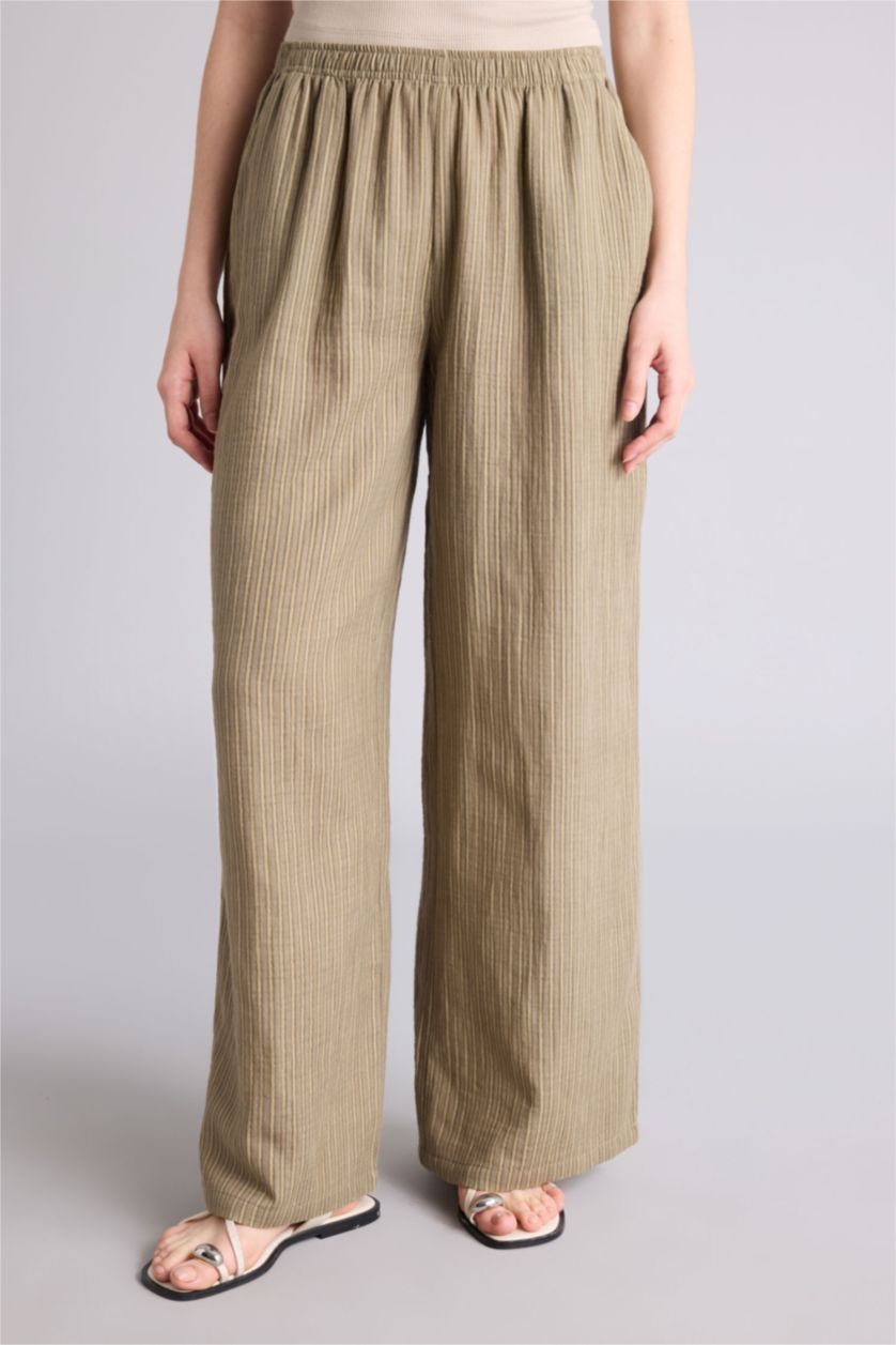 Женщины Хаки Муслиновые брюки Wide Leg стандартной длины с нормальной посадкой и деталью кармана