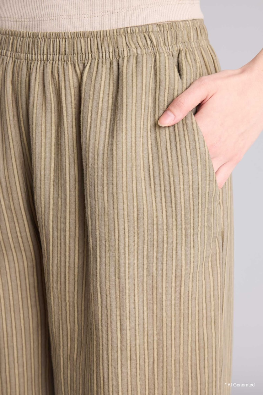 WOMAN Khaki Wide Leg Pocket Detailed Striped Muslin Trousers