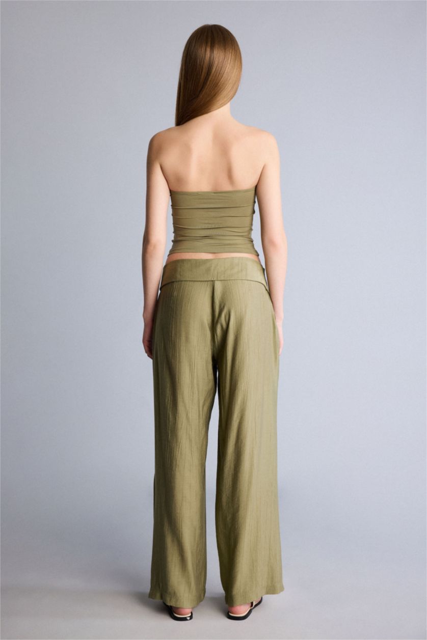 Женщины Хаки Брюки Wide Leg из ткани кринкл стандартной длины на молнии с нормальной посадкой