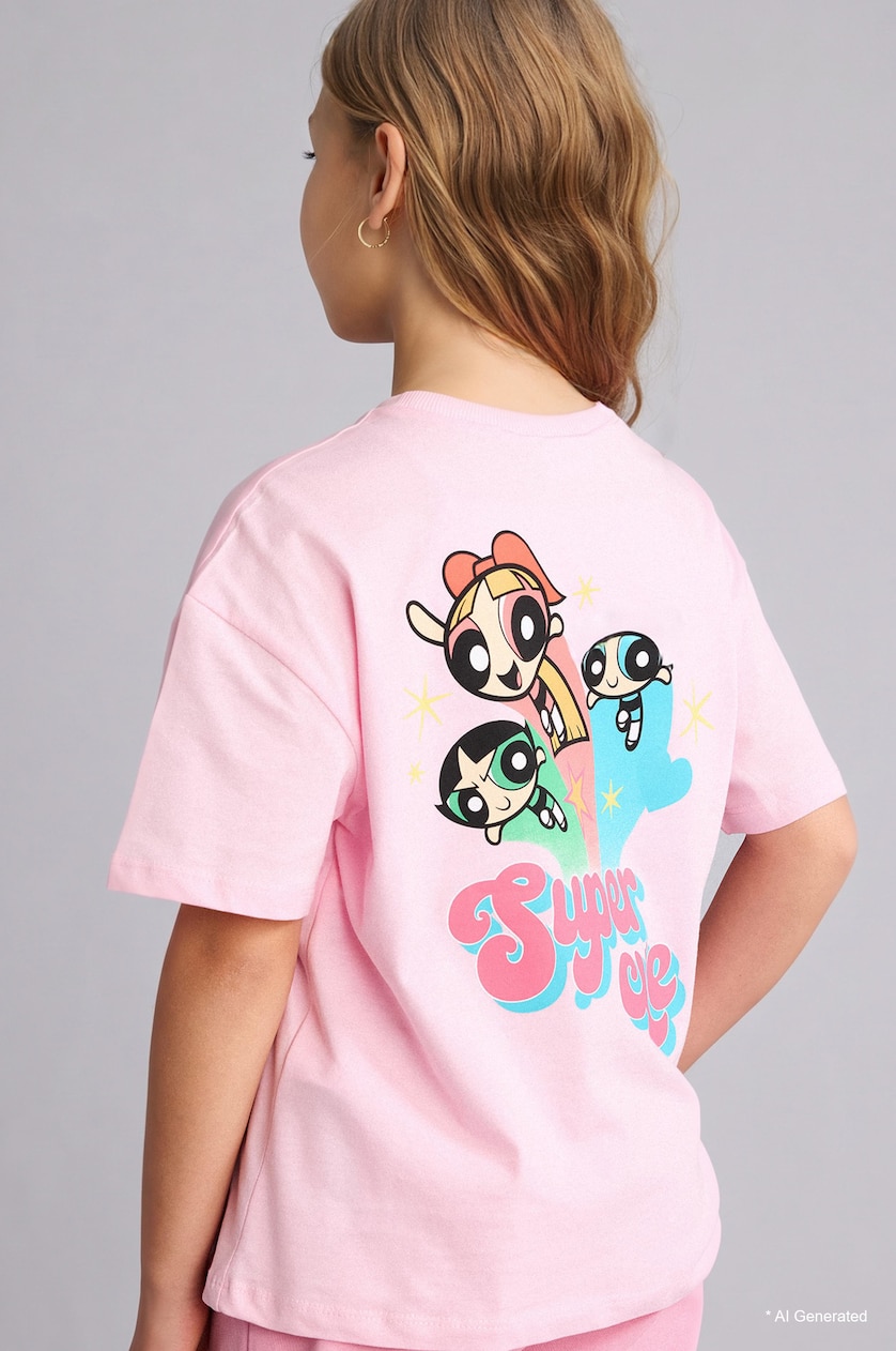 Girls & Teens Light Pink Girl PowerPuff Girl 100% Cotton Crew Neck Oversize T-Shirt