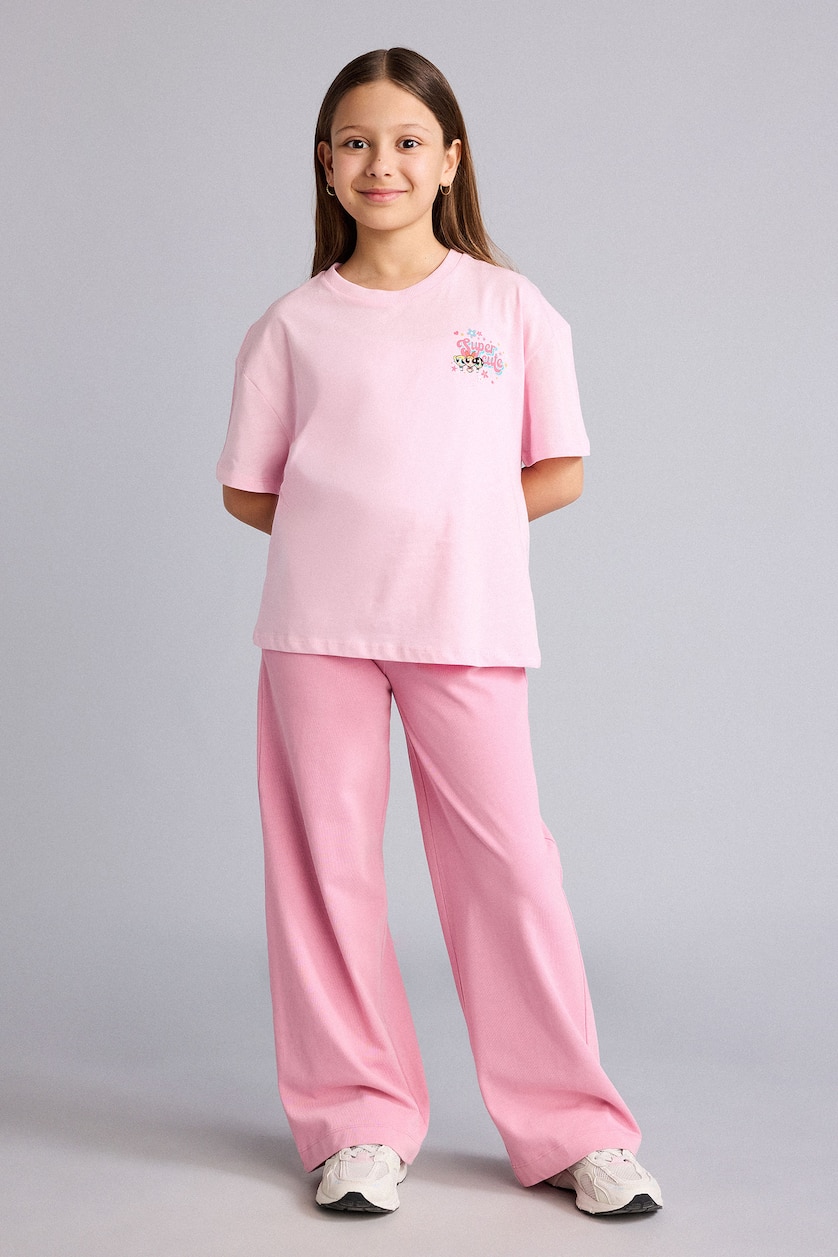 Kız Çocuk - Genç Kız Açık Pembe %100 Pamuk PowerPuff Girls Oversize Tişört Kız Çocuk