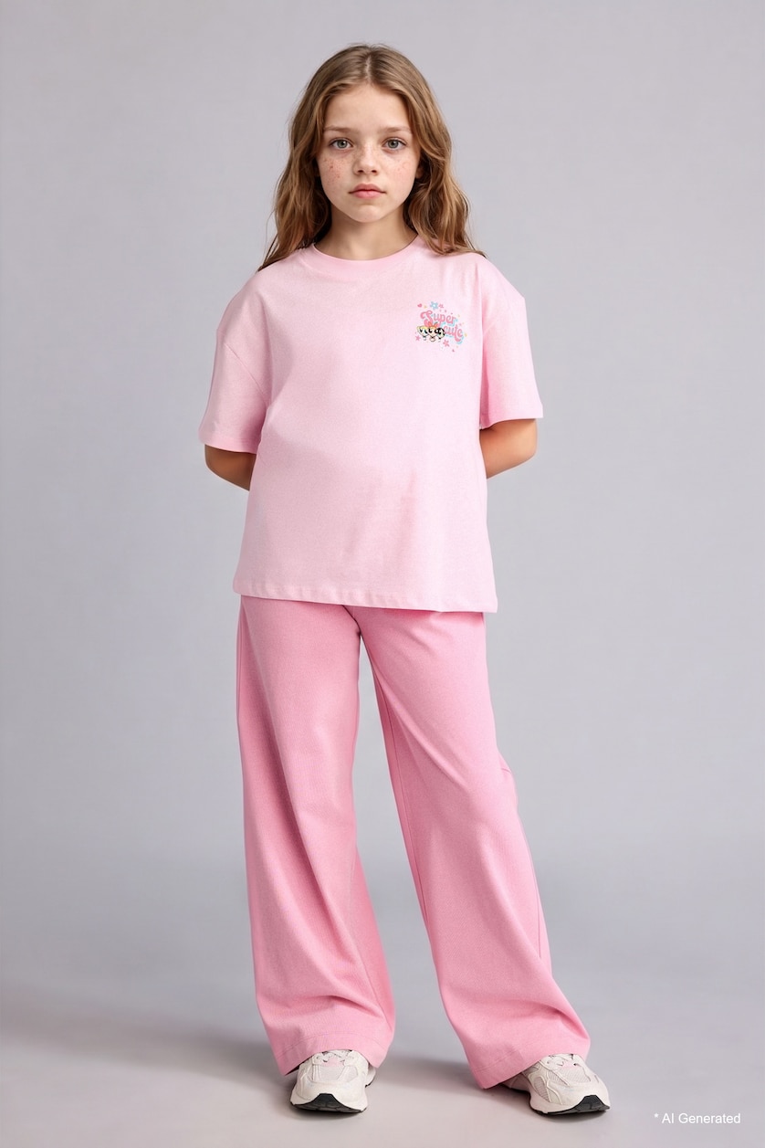 Girls & Teens Light Pink Girl PowerPuff Girl 100% Cotton Crew Neck Oversize T-Shirt