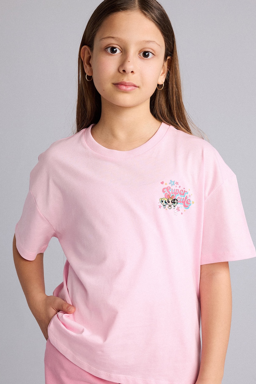 Kız Çocuk - Genç Kız Açık Pembe %100 Pamuk PowerPuff Girls Oversize Tişört Kız Çocuk