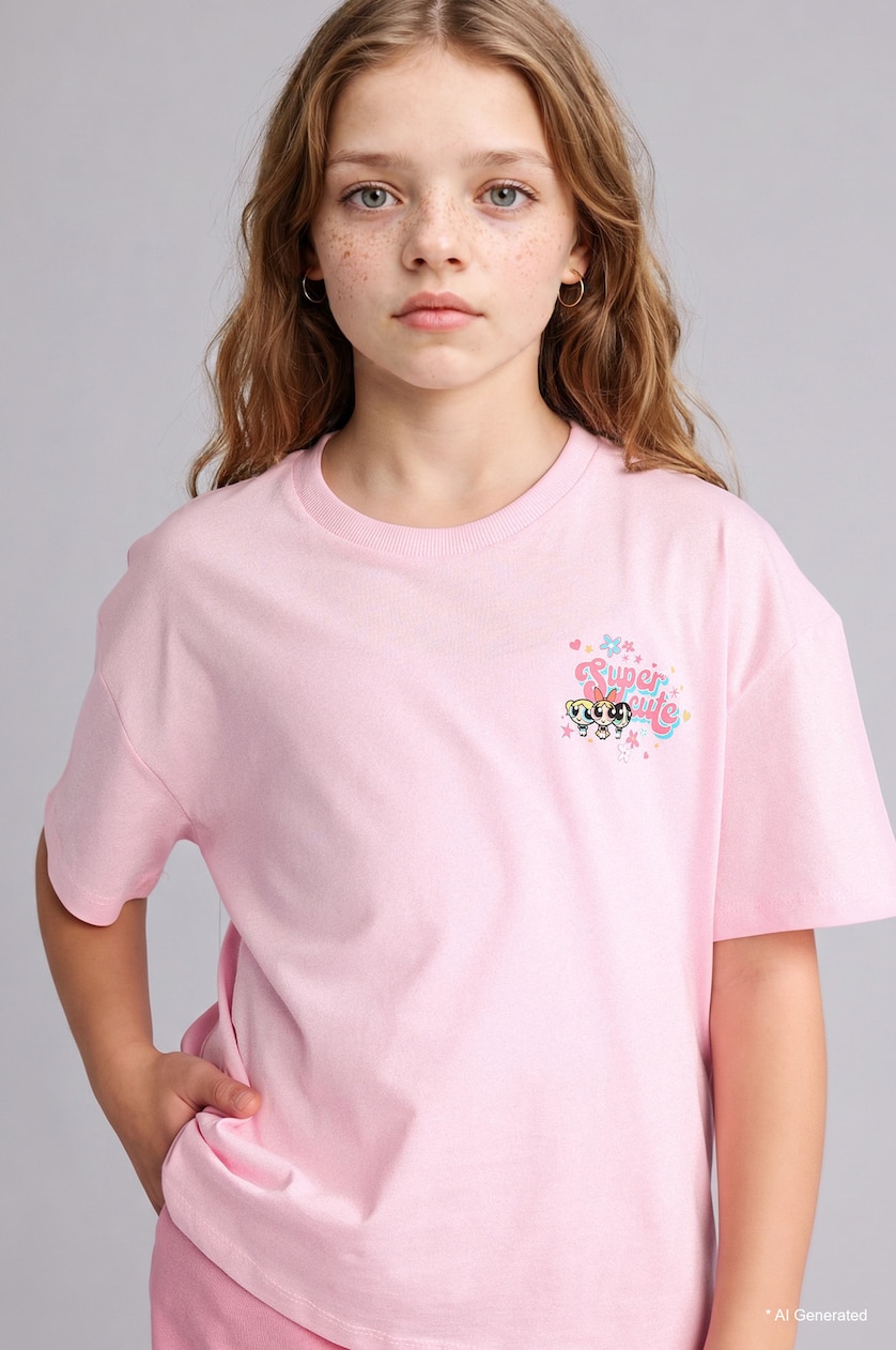 Girls & Teens Light Pink Girl PowerPuff Girl 100% Cotton Crew Neck Oversize T-Shirt
