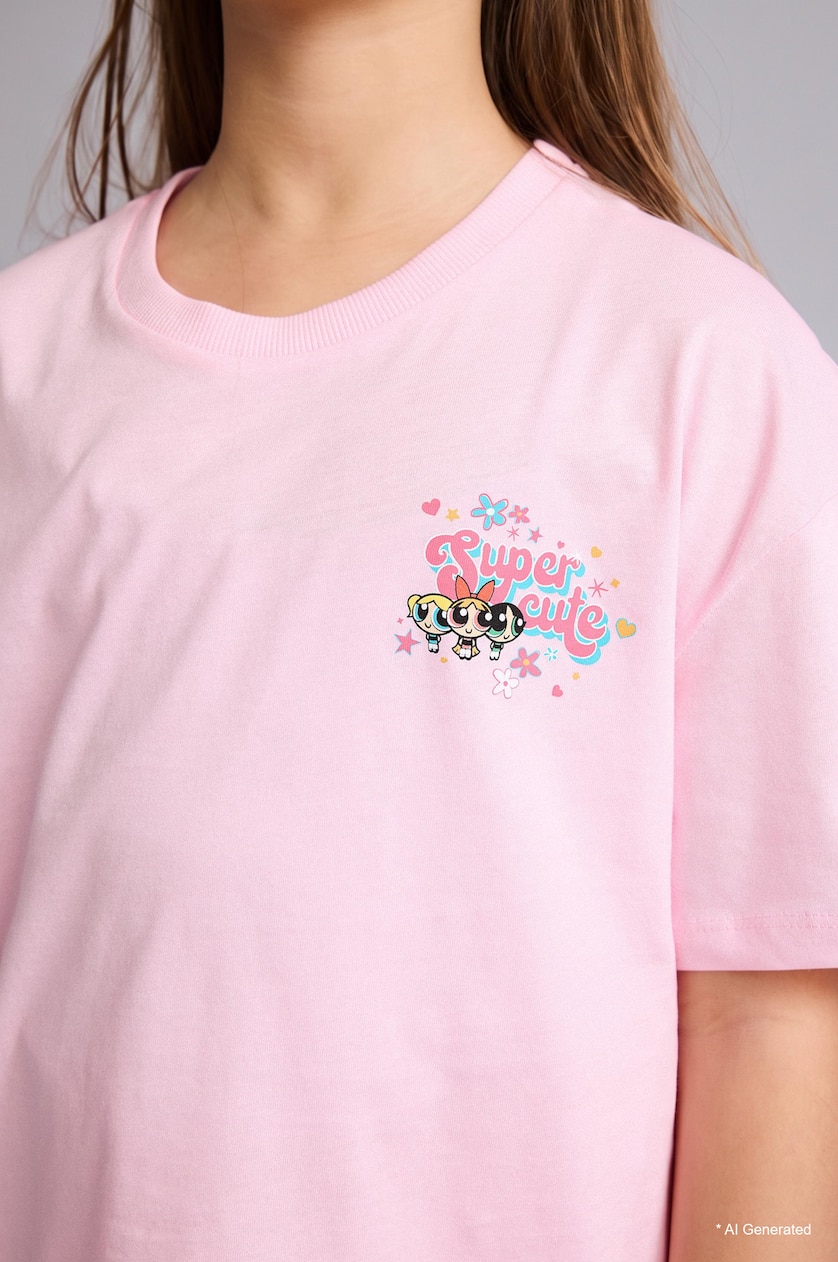 Girls & Teens Light Pink Girl PowerPuff Girl 100% Cotton Crew Neck Oversize T-Shirt