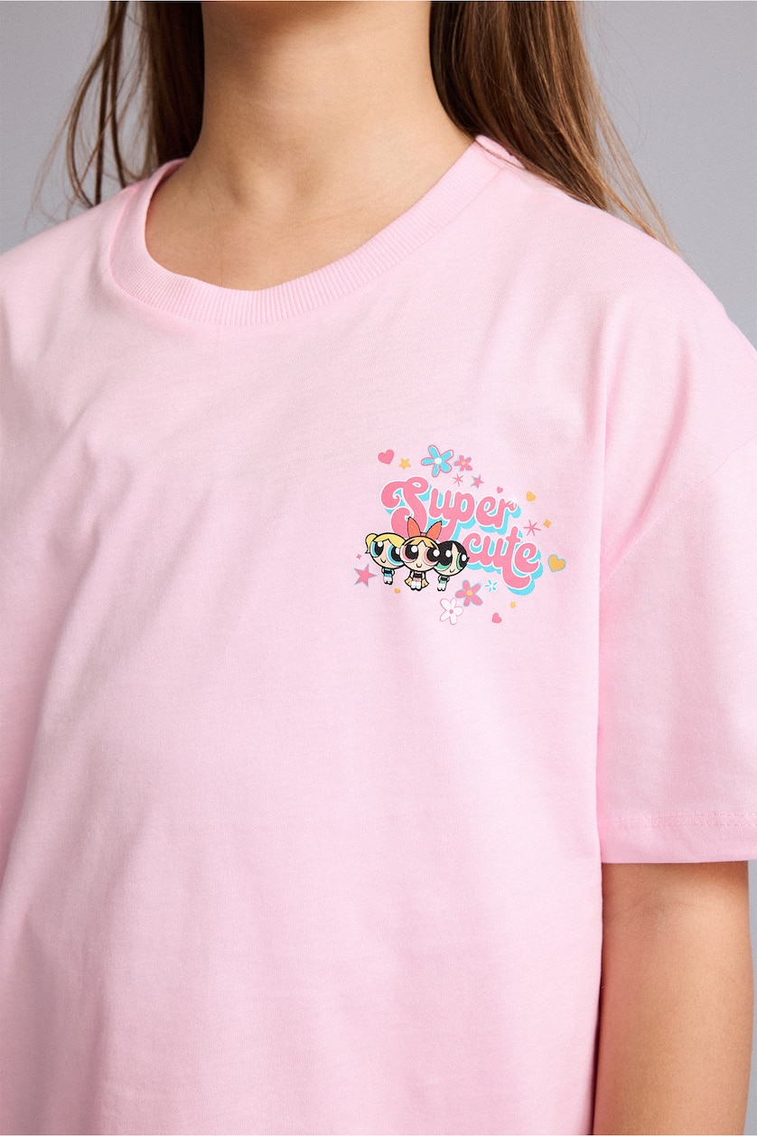 Kız Çocuk - Genç Kız Açık Pembe %100 Pamuk PowerPuff Girls Oversize Tişört Kız Çocuk