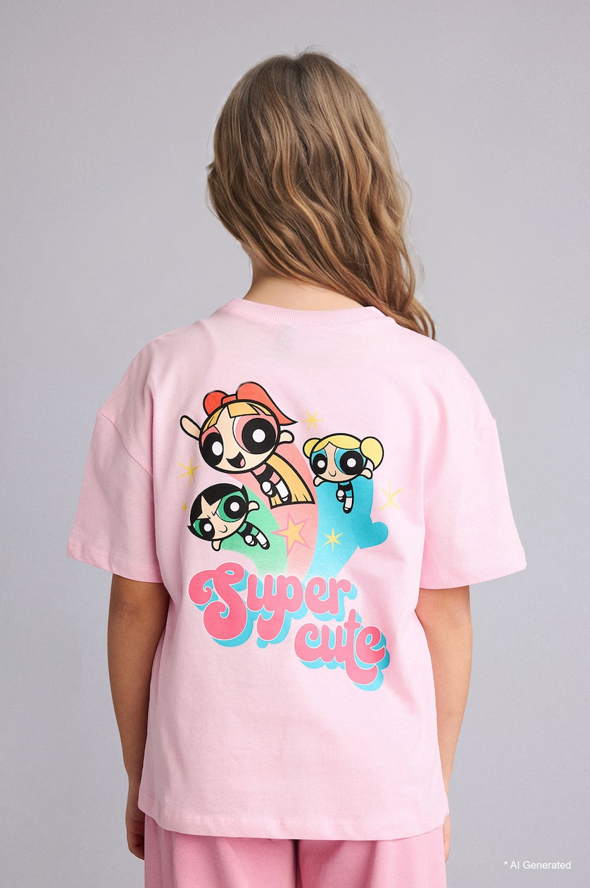 Girls & Teens Light Pink Girl PowerPuff Girl 100% Cotton Crew Neck Oversize T-Shirt