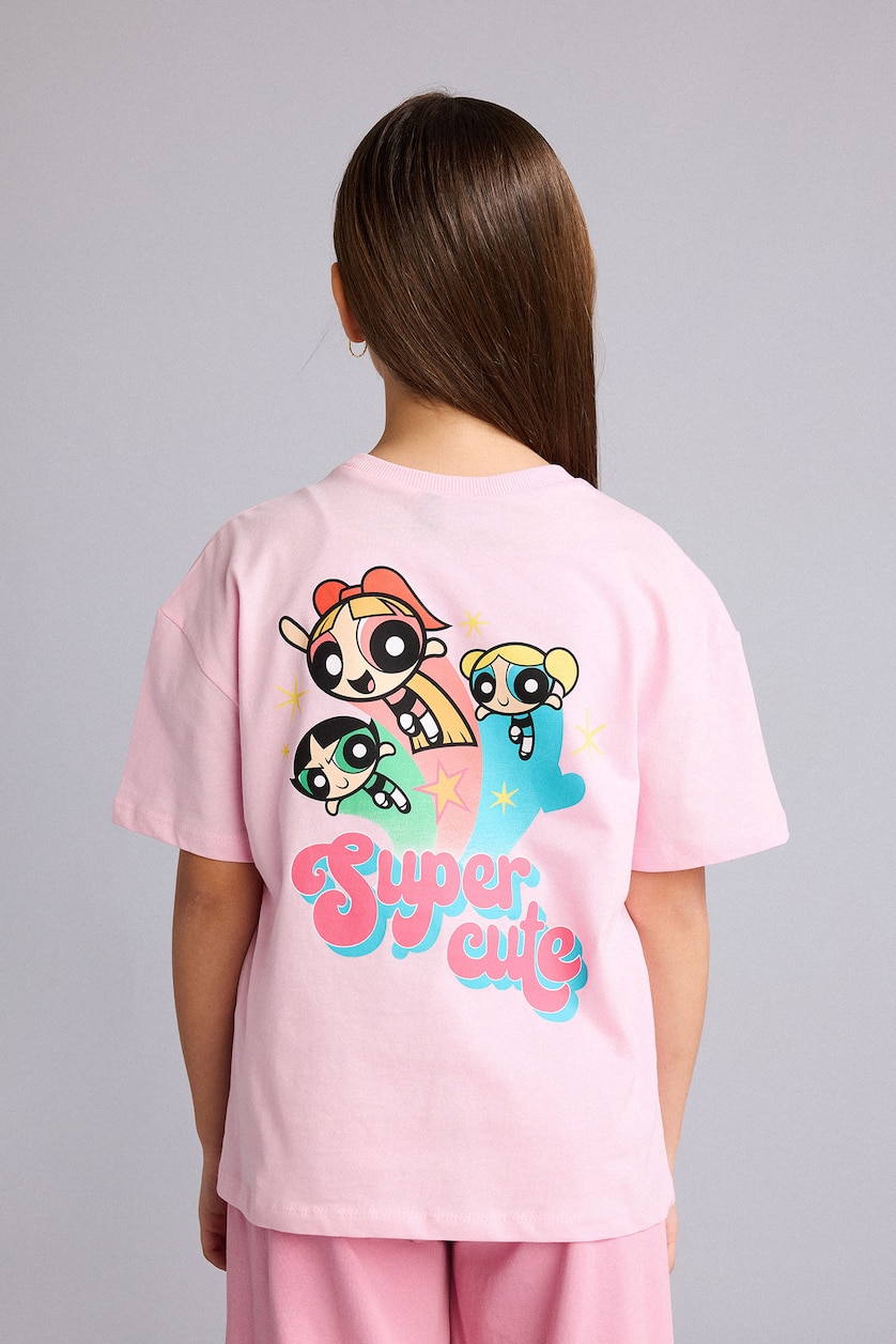 Kız Çocuk - Genç Kız Açık Pembe %100 Pamuk PowerPuff Girls Oversize Tişört Kız Çocuk