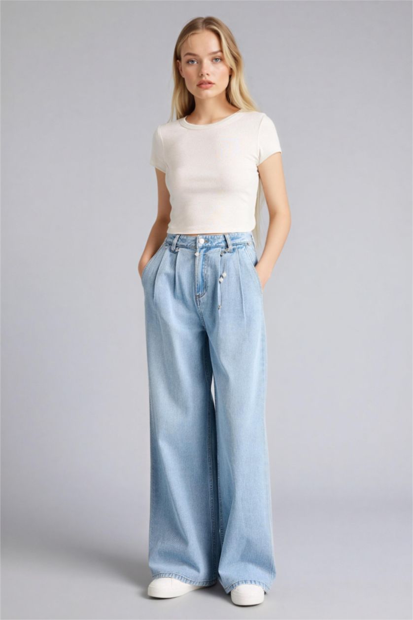 Женщины Голубрй Брюки Wide Leg c высокой талией для женщин