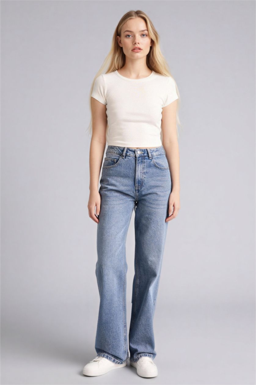 Женщины Голубрй Брюки Straıght Wıde c высокой талией для женщин