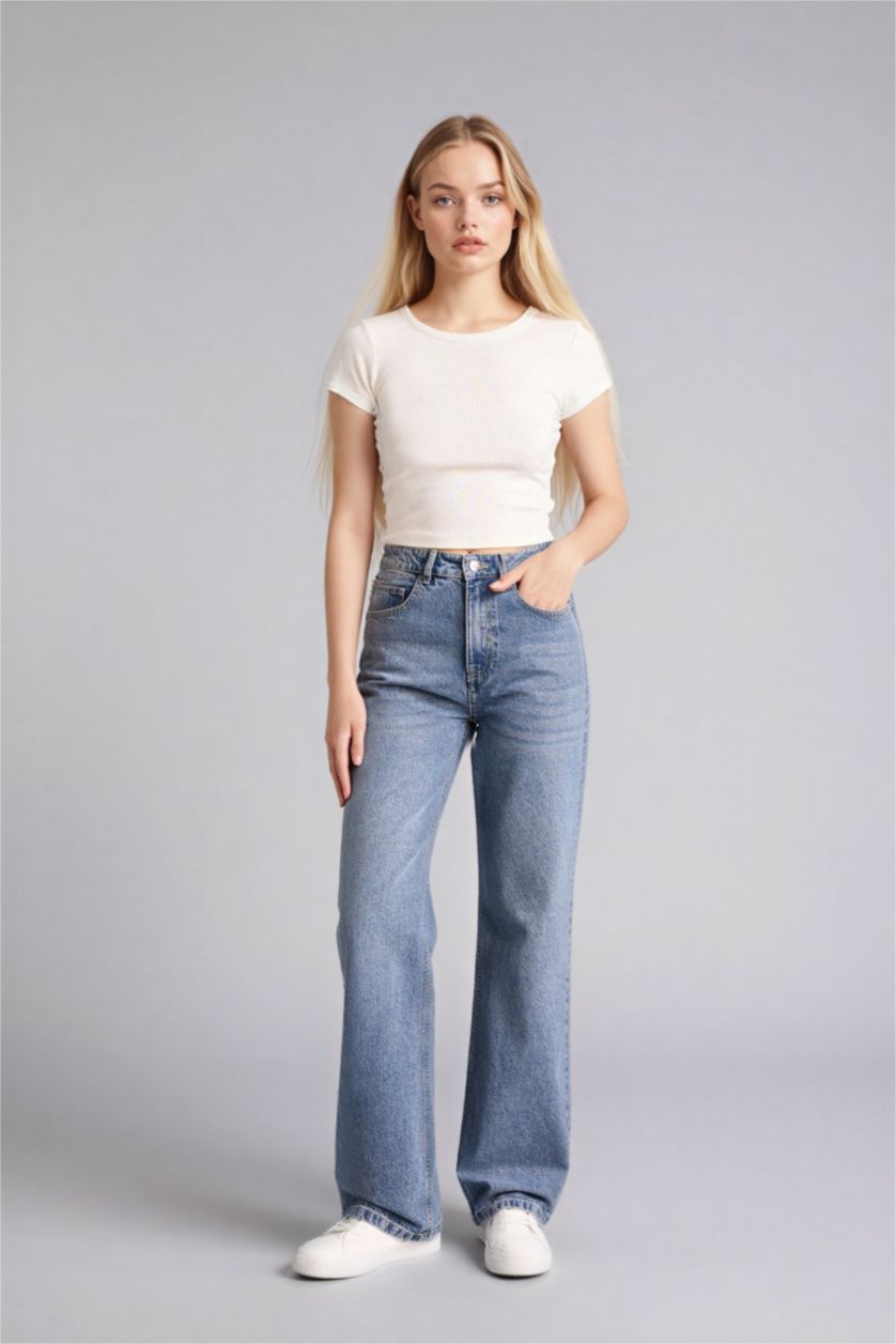 Женщины Голубрй Брюки Straıght Wıde c высокой талией для женщин