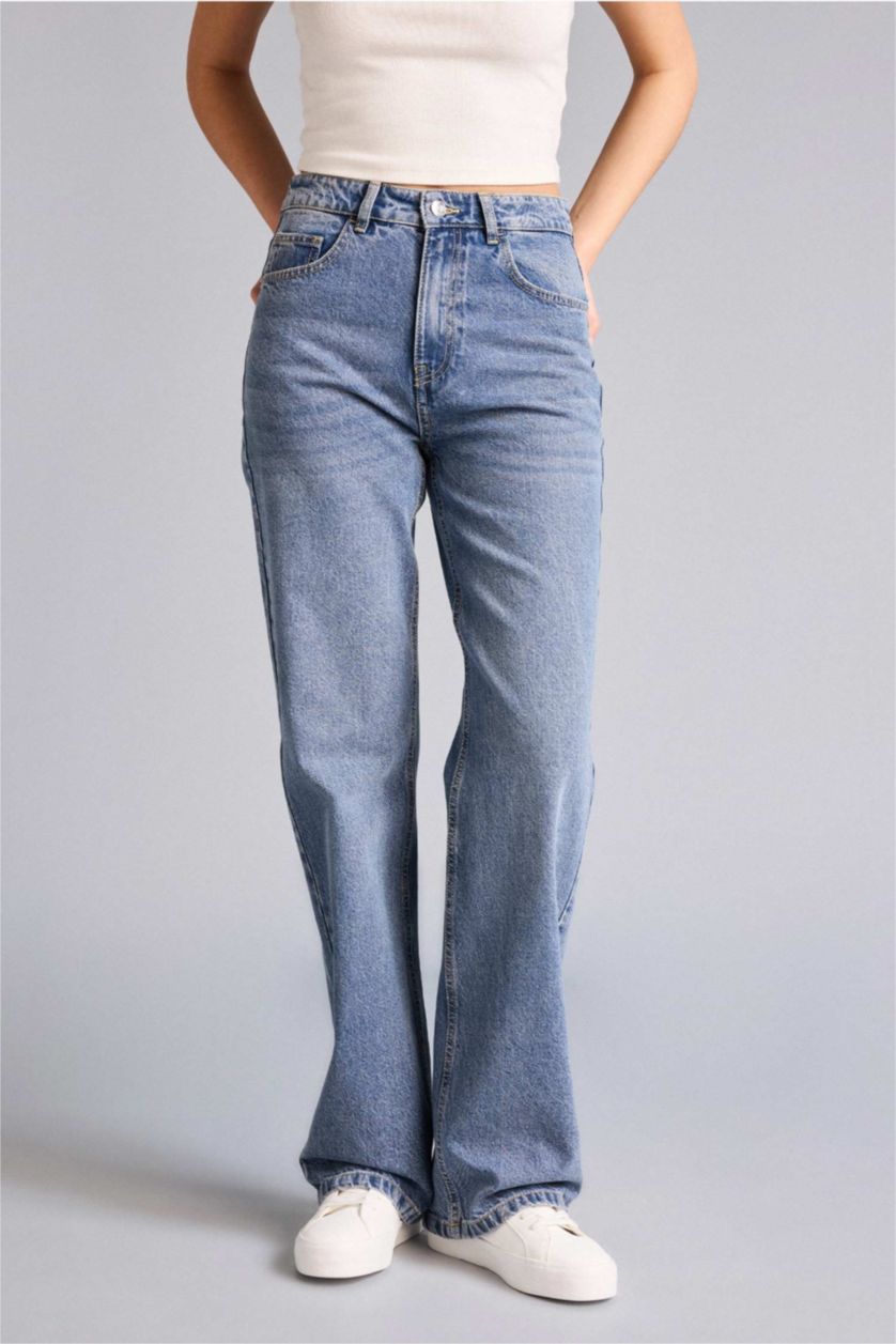 Женщины Голубрй Брюки Straıght Wıde c высокой талией для женщин