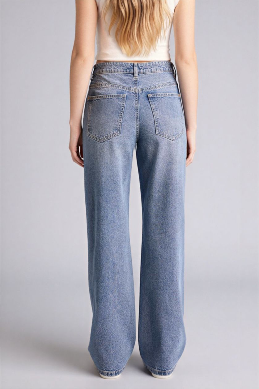 Женщины Голубрй Брюки Straıght Wıde c высокой талией для женщин