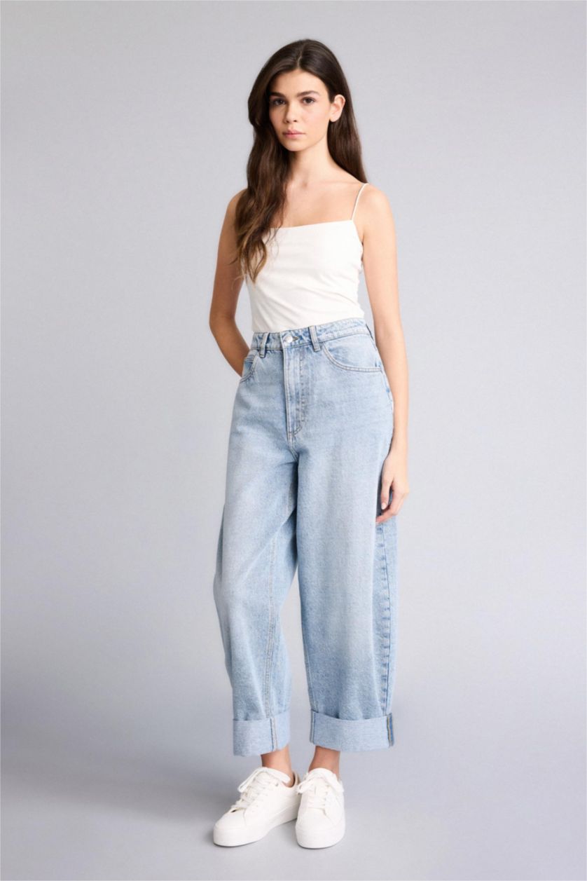 Женщины Светло-синий Длинные джинсы Barrel Fit с высокой талией и прямыми штанинами