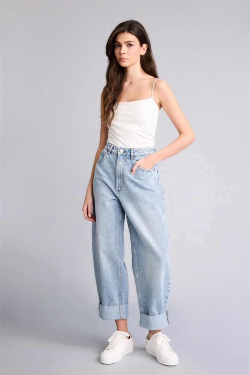 Женщины Светло-синий Длинные джинсы Barrel Fit с высокой талией и прямыми штанинами