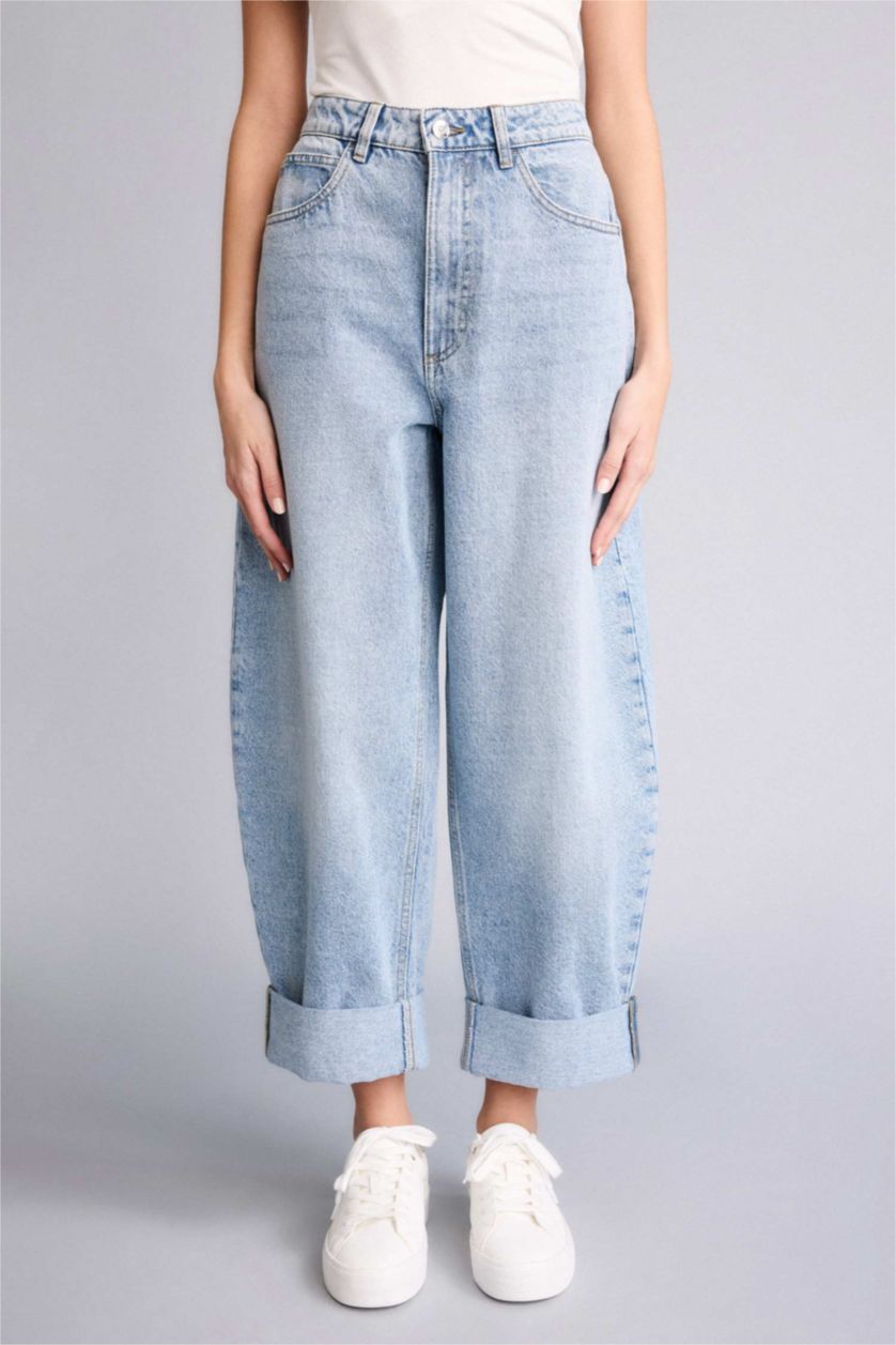 Женщины Светло-синий Длинные джинсы Barrel Fit с высокой талией и прямыми штанинами