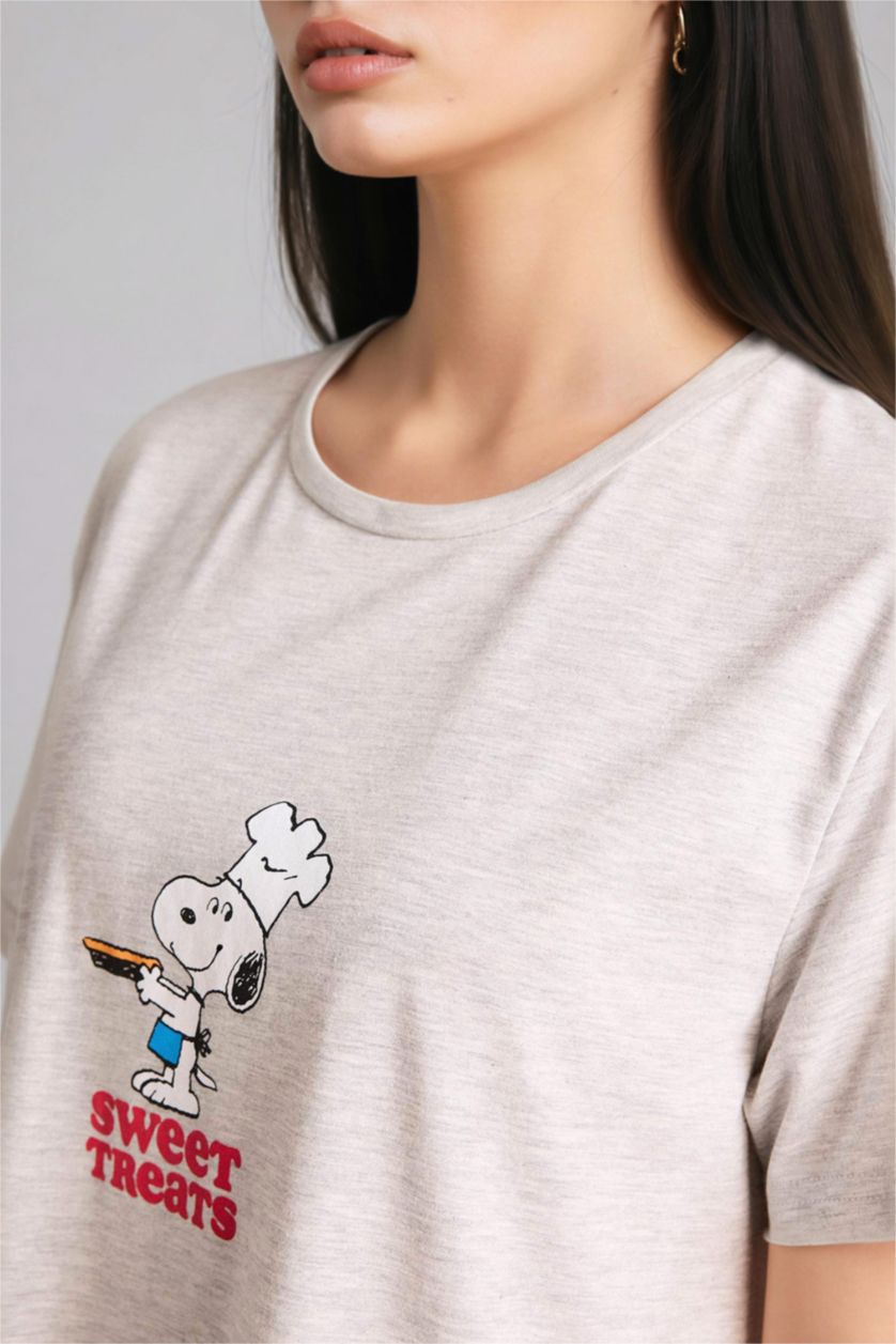 Woman Grey Melange Regular Fit Crew Neck Snoopy Licensed Knitted Dress