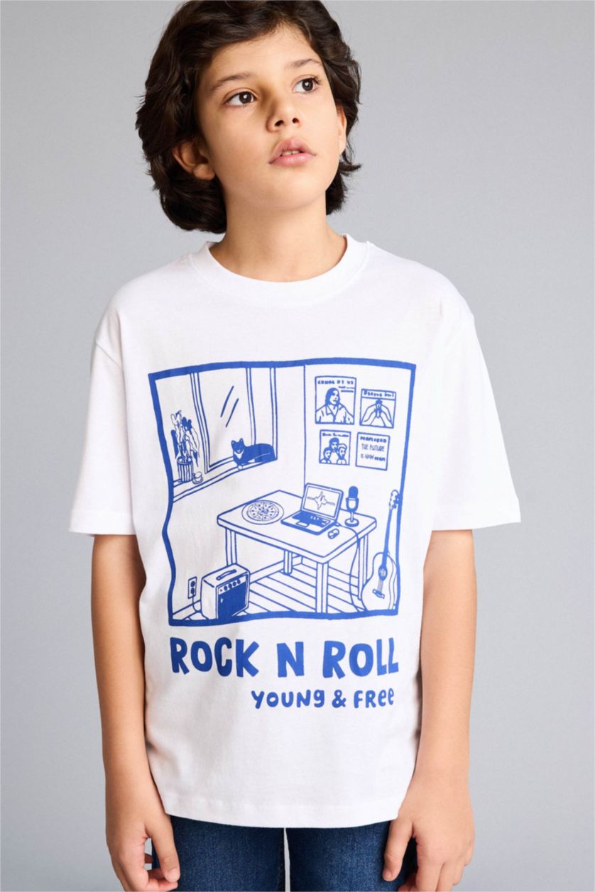 Erkek Çocuk - Genç Erkek Beyaz Baskılı Tişört Erkek Çocuk