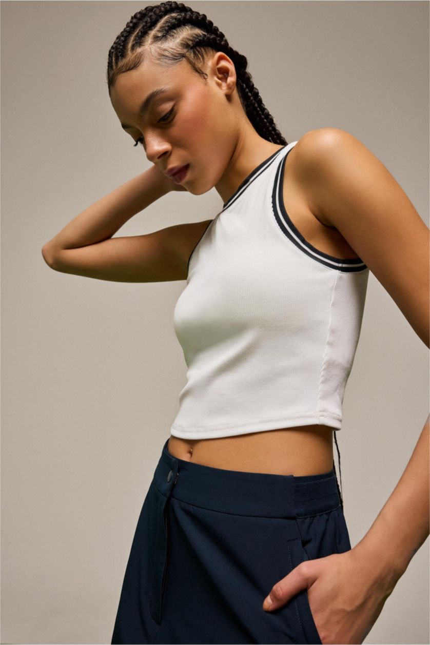 Woman White Standard Fit Ribana Crew Neck Tank Top