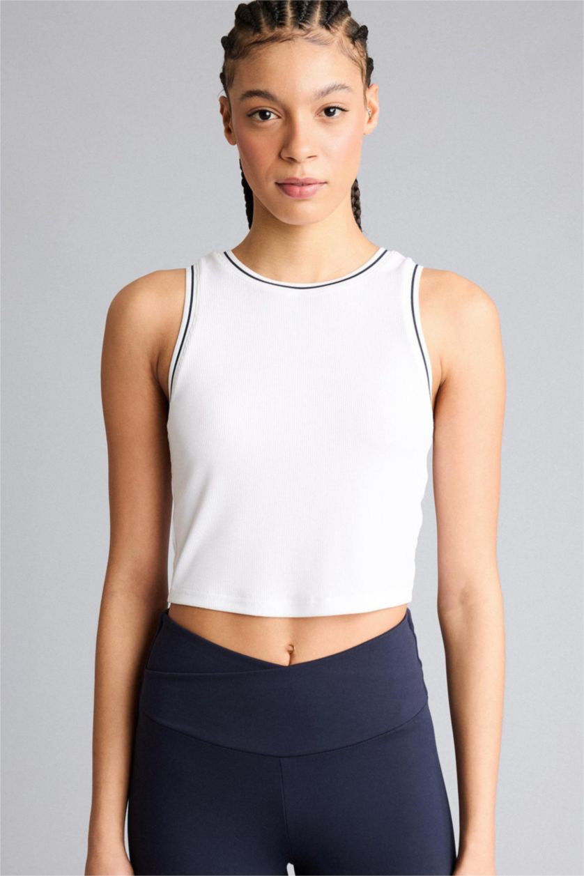 Woman White Standard Fit Ribana Crew Neck Tank Top