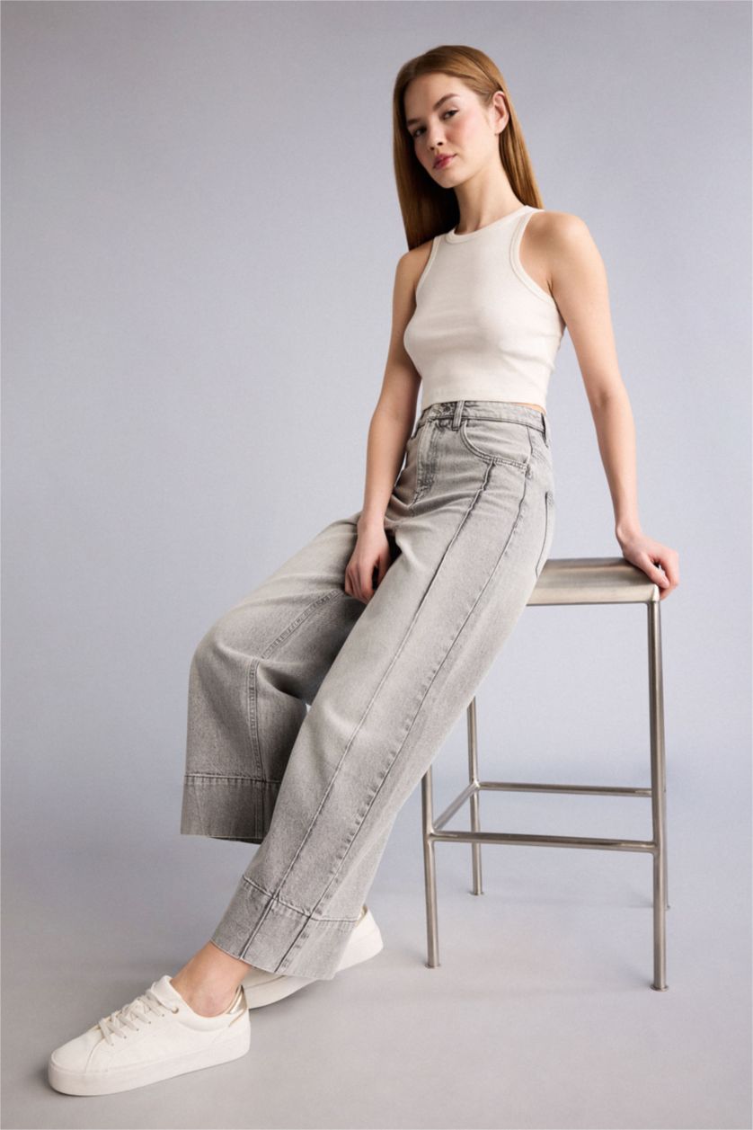 Женщины Серый Длинные джинсы Wide Leg с высокой талией и прямыми штанинами