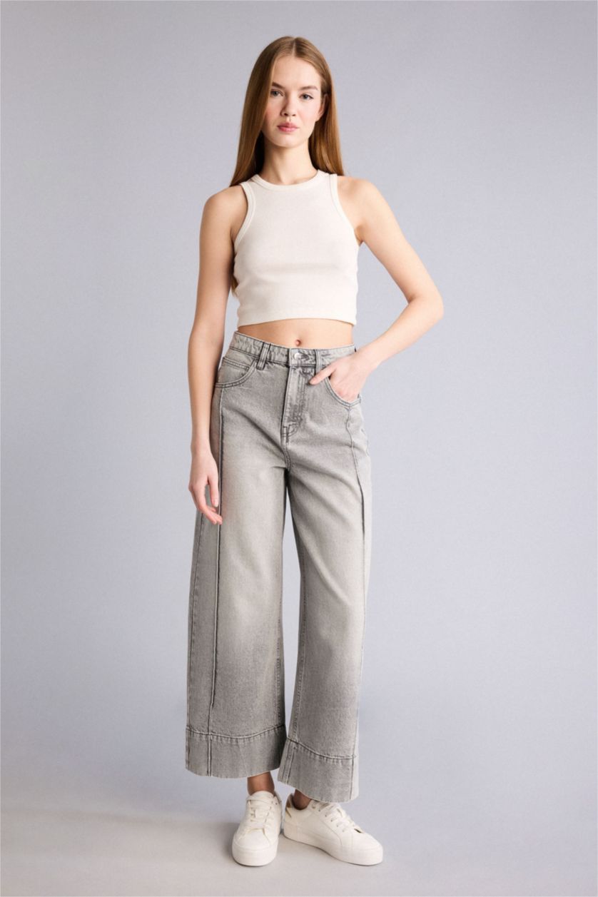Женщины Серый Длинные джинсы Wide Leg с высокой талией и прямыми штанинами
