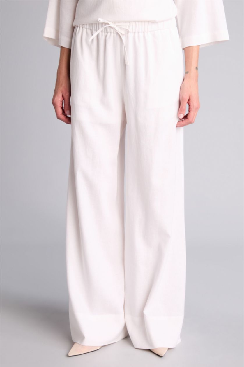 Әйелдерге АҚ Wide Leg қалта бөлшекті орташа белді кең балақ ұзын зығыр аралас шалбар
