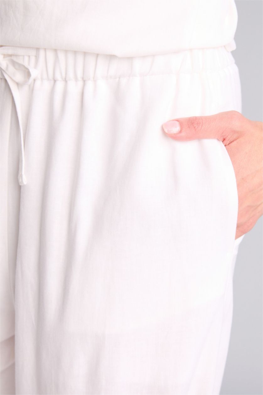Әйелдерге АҚ Wide Leg қалта бөлшекті орташа белді кең балақ ұзын зығыр аралас шалбар