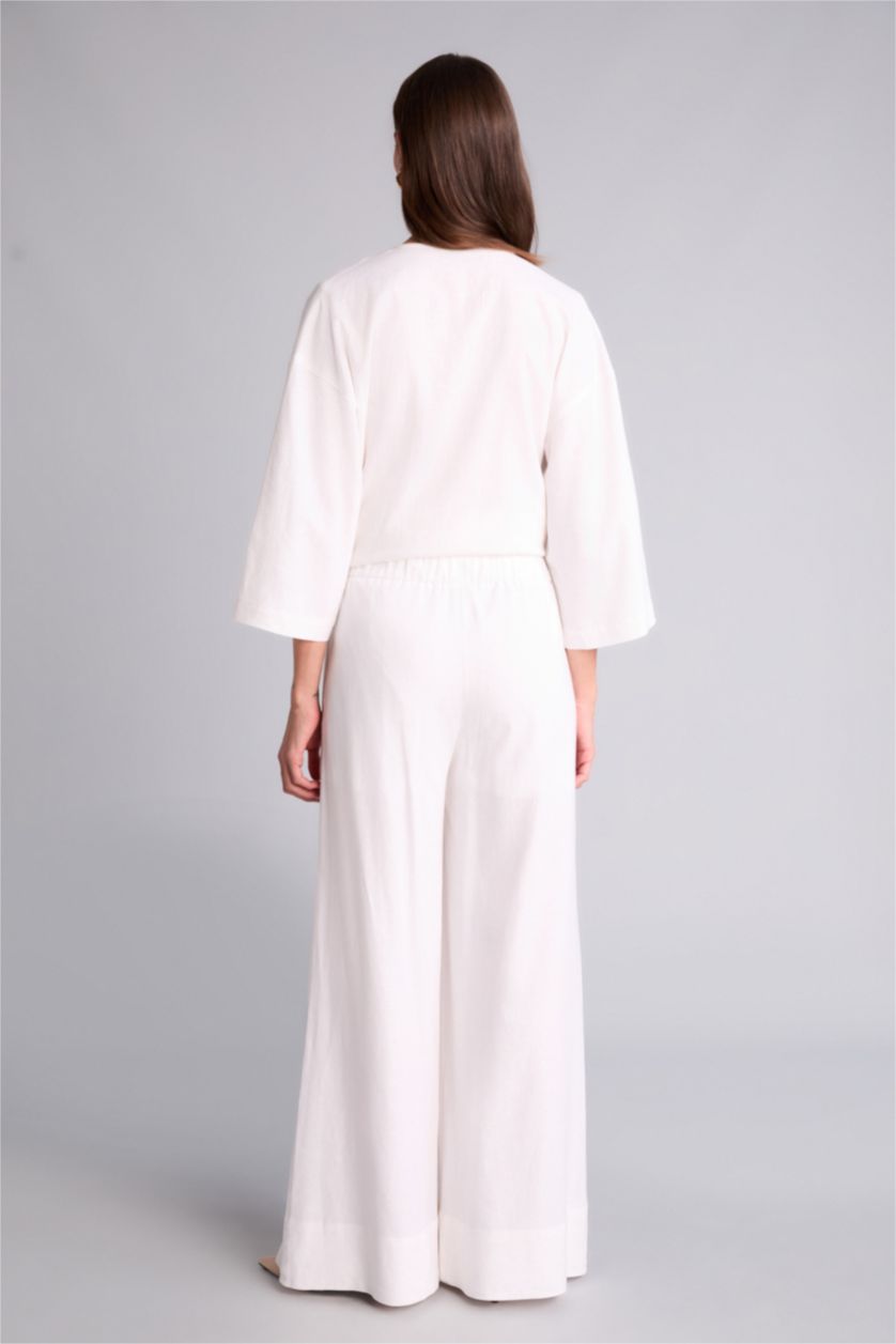 Әйелдерге АҚ Wide Leg қалта бөлшекті орташа белді кең балақ ұзын зығыр аралас шалбар