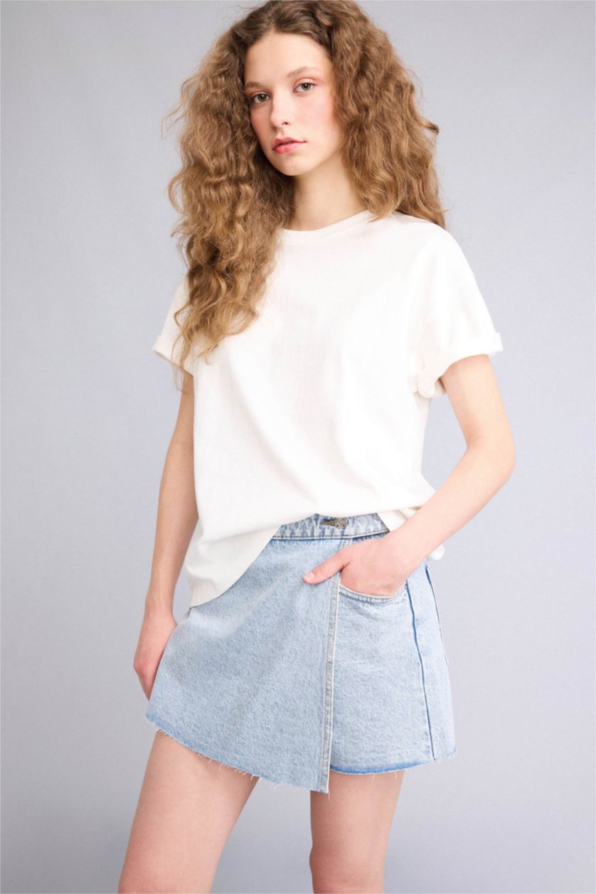 Женщины Светло-синий Джинсовые шорты с высокой талией и прямыми штанинами