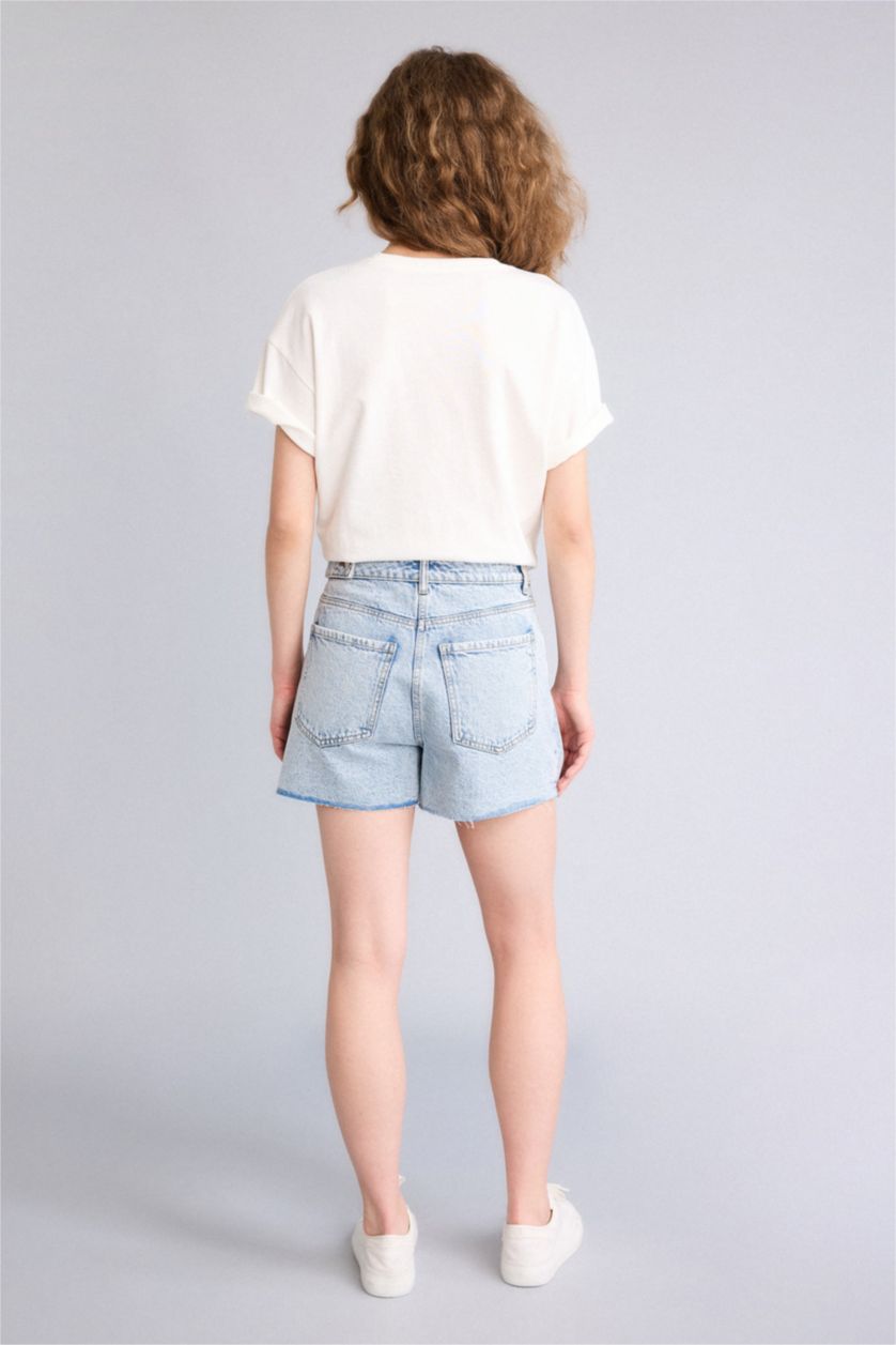 Женщины Светло-синий Джинсовые шорты с высокой талией и прямыми штанинами