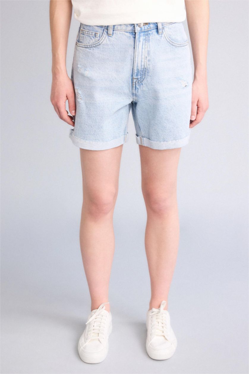 Женщины Светло-синий Укороченные джинсовые шорты Boyfriend с высокой талией