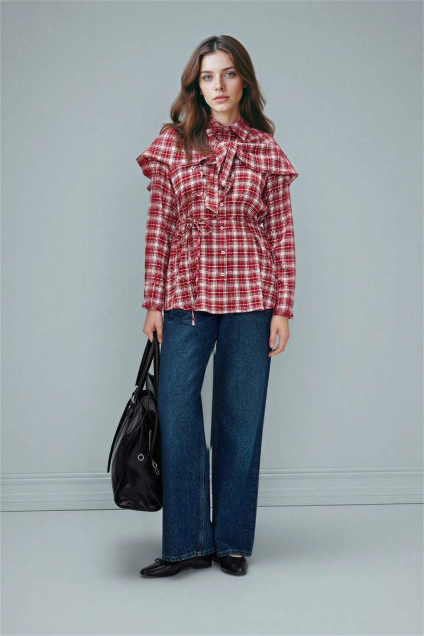 Kadın Kırmızı Kareli Gofre Dokulu Tunik