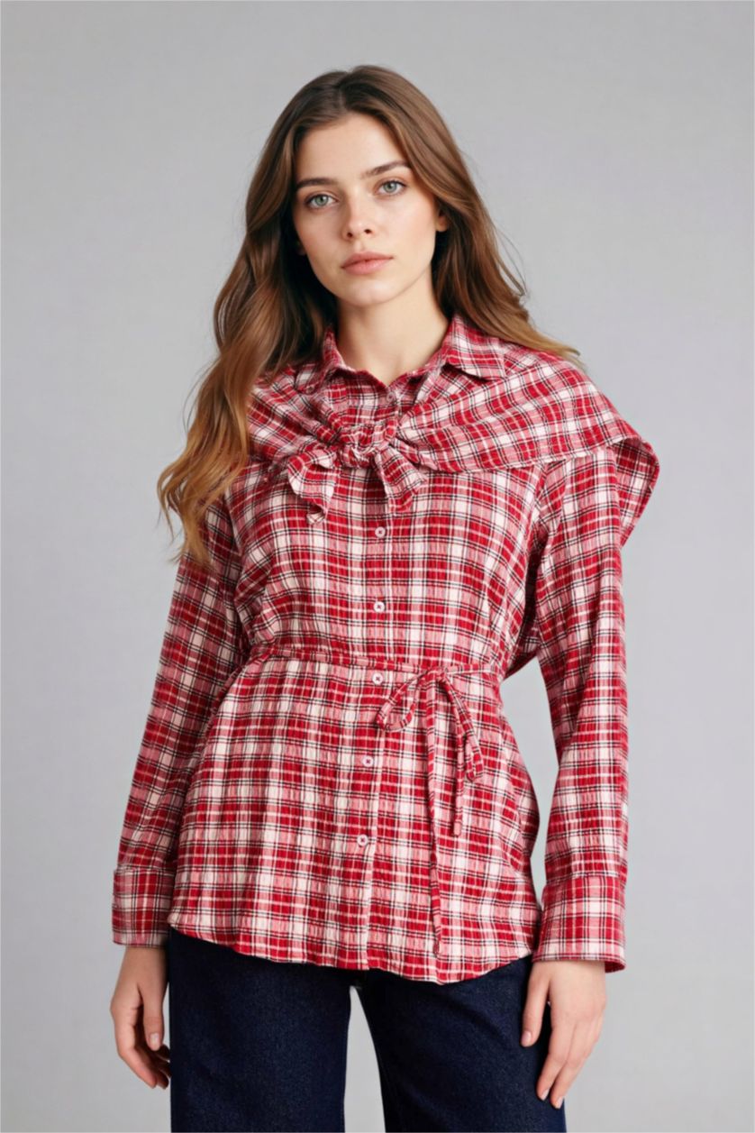 Kadın Kırmızı Kareli Gofre Dokulu Tunik