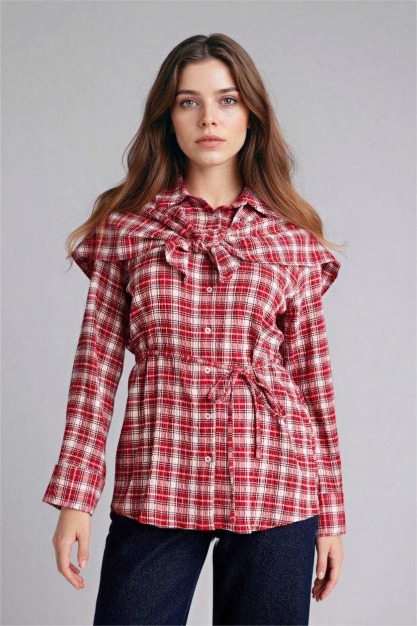 Kadın Kırmızı Kareli Gofre Dokulu Tunik