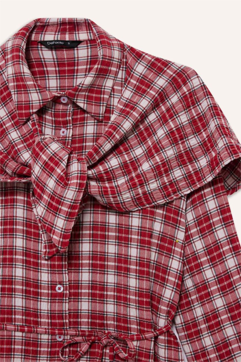 Kadın Kırmızı Kareli Gofre Dokulu Tunik