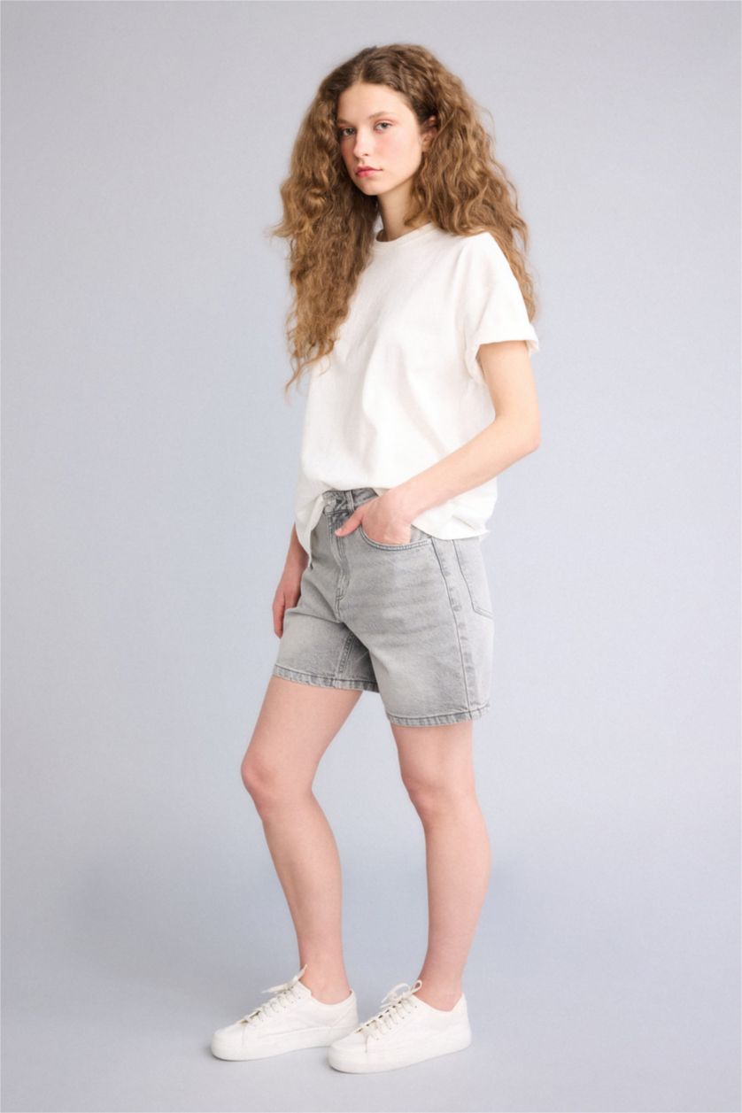 Женщины Серый Джинсовые бермуды с высокой талией