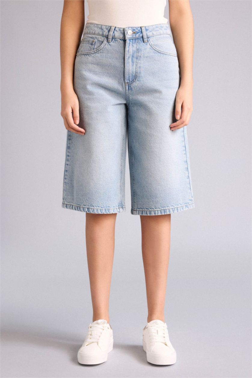 Женщины Светло-синий Джинсовые бермуды с высокой талией