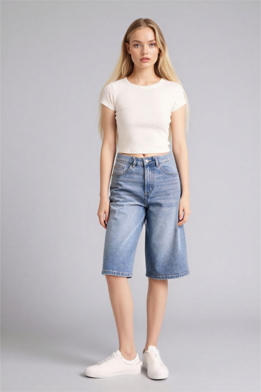 Женщины Голубрй Бермуды c высокой талией из денима для женщин