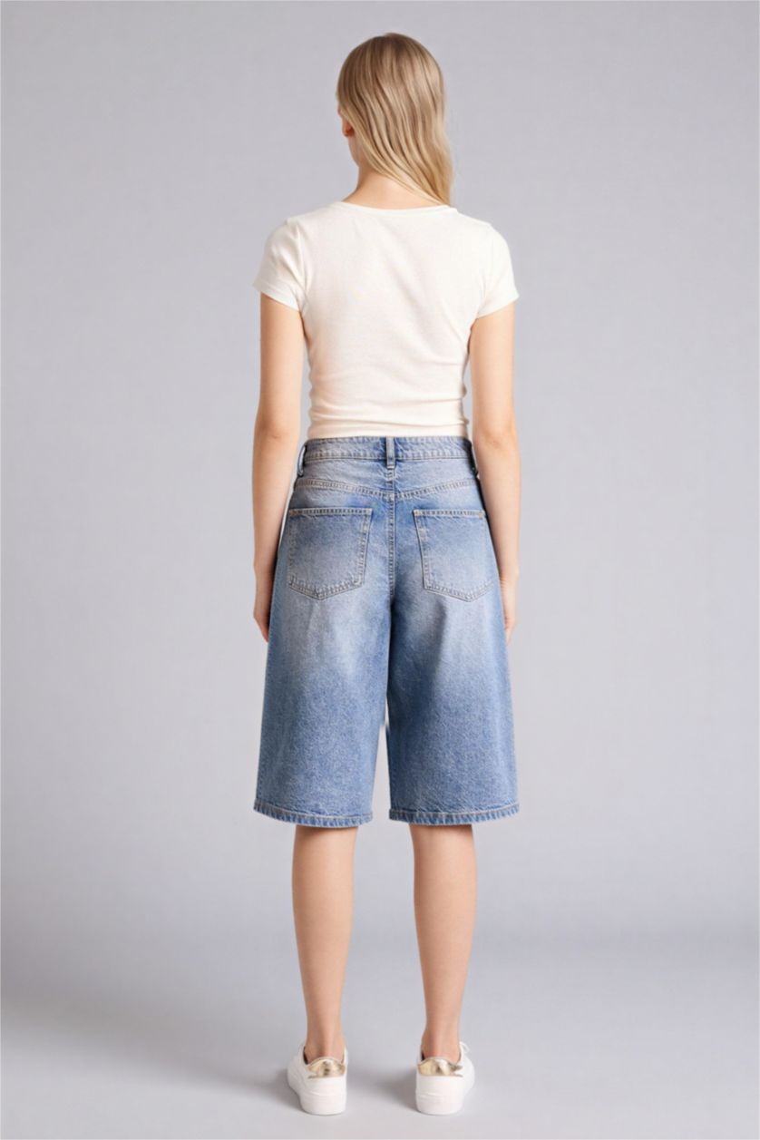 Женщины Голубрй Бермуды c высокой талией из денима для женщин