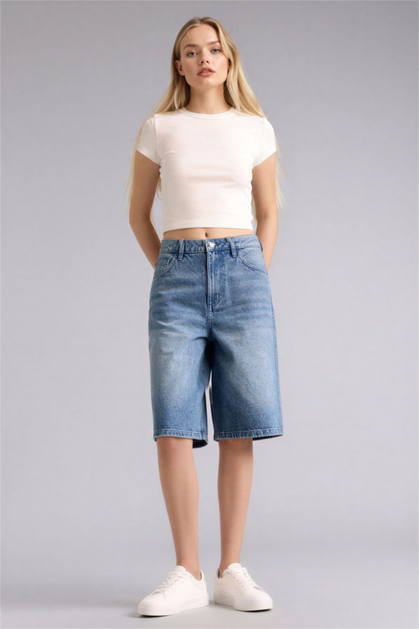 Женщины Темно-голубой Джинсовые бермуды с высокой талией