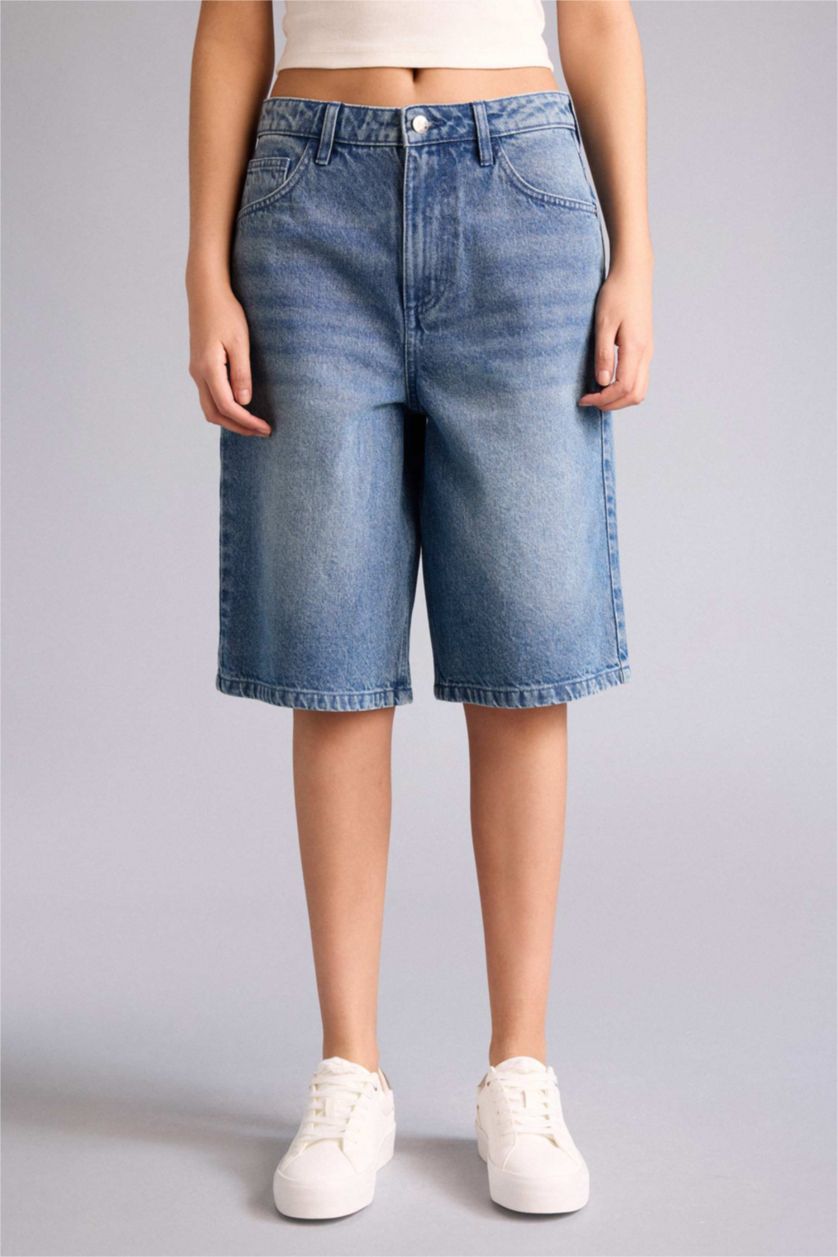 Женщины Темно-голубой Джинсовые бермуды с высокой талией