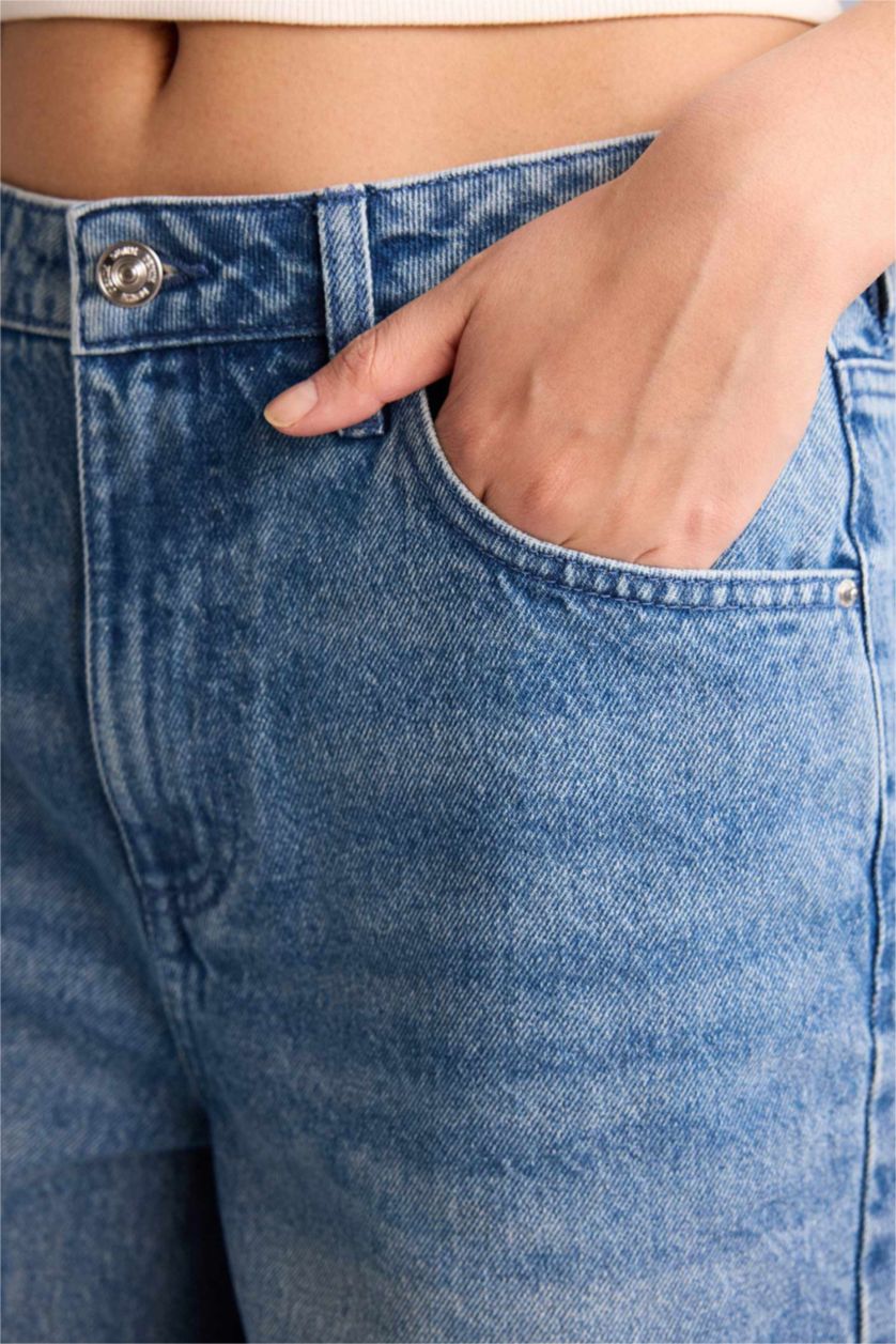 Женщины Темно-голубой Джинсовые бермуды с высокой талией