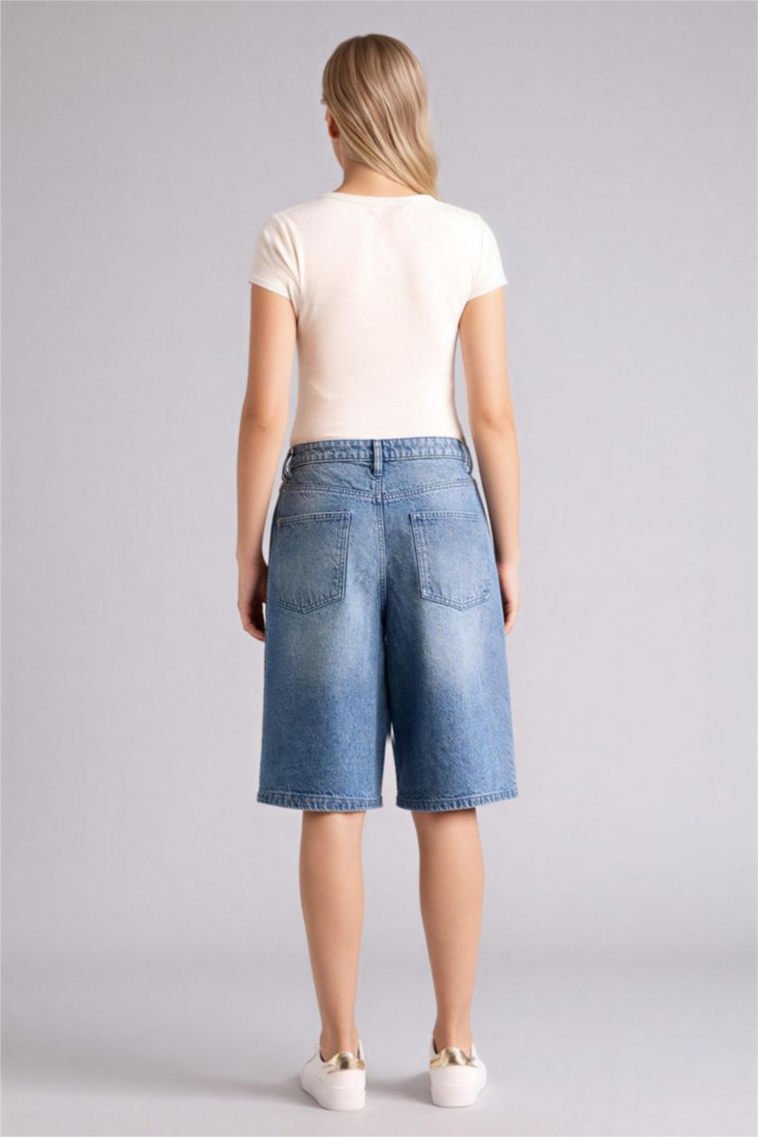 Женщины Темно-голубой Джинсовые бермуды с высокой талией