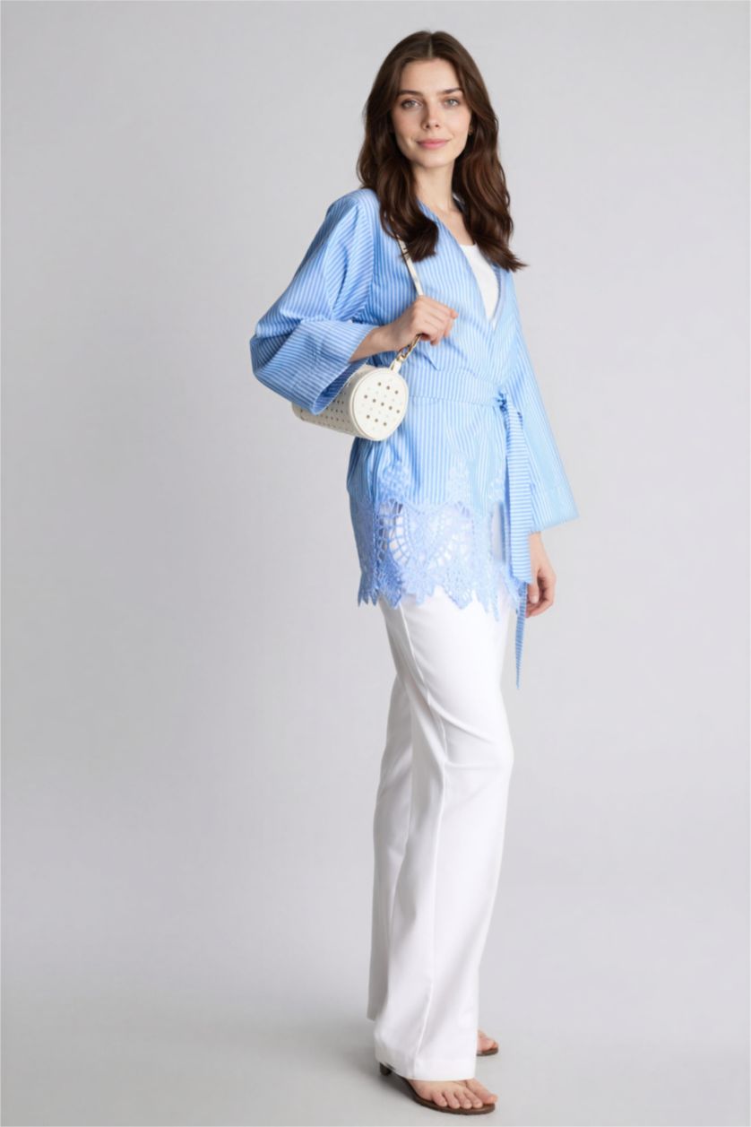 حريمي أزرق فاتح كيمونو منسوج قصة عادية