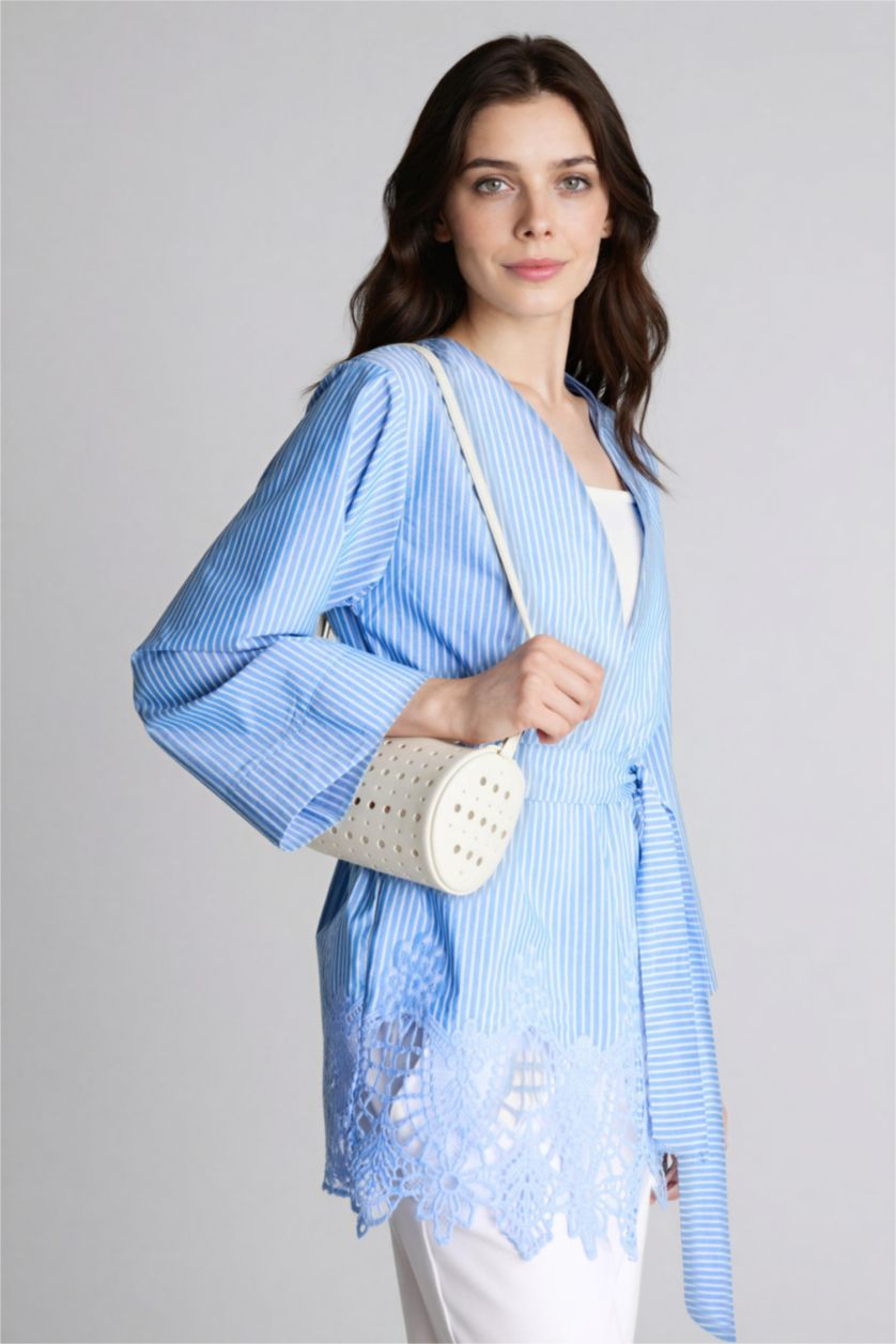 حريمي أزرق فاتح كيمونو منسوج قصة عادية