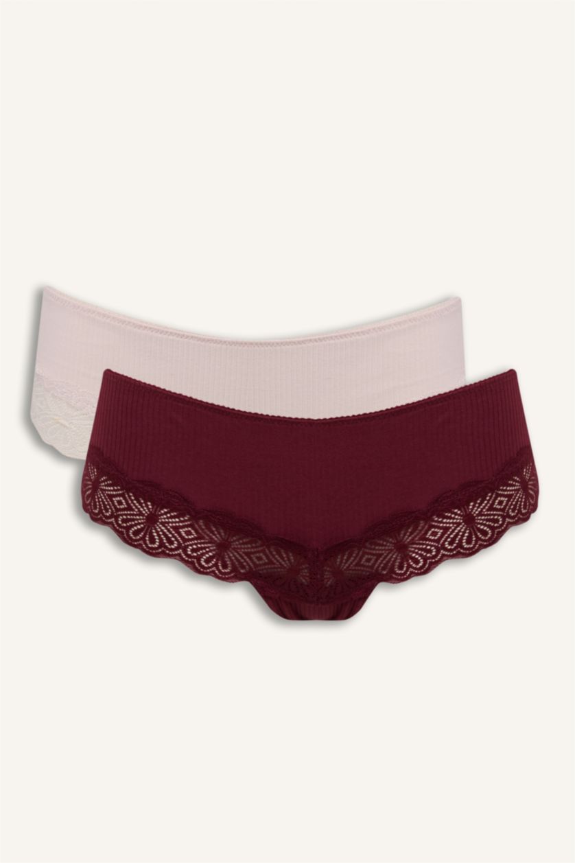 Kadın Bordo Dantel Detaylı Ribana 2'li Hipster Külot