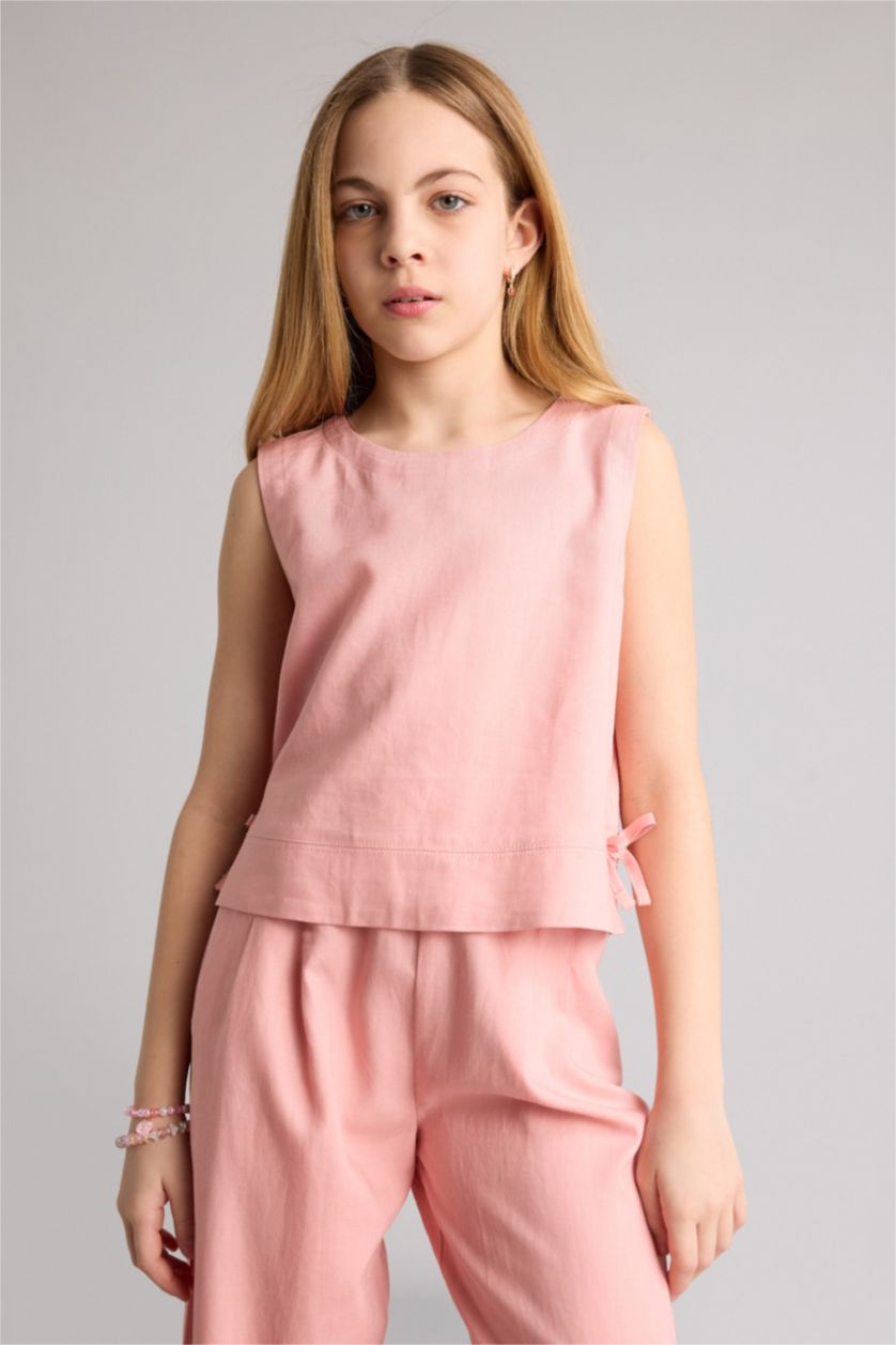 بناتي وردي فاتح بلوزة بناتي نص كم من مزيج الكتان قصة عادية