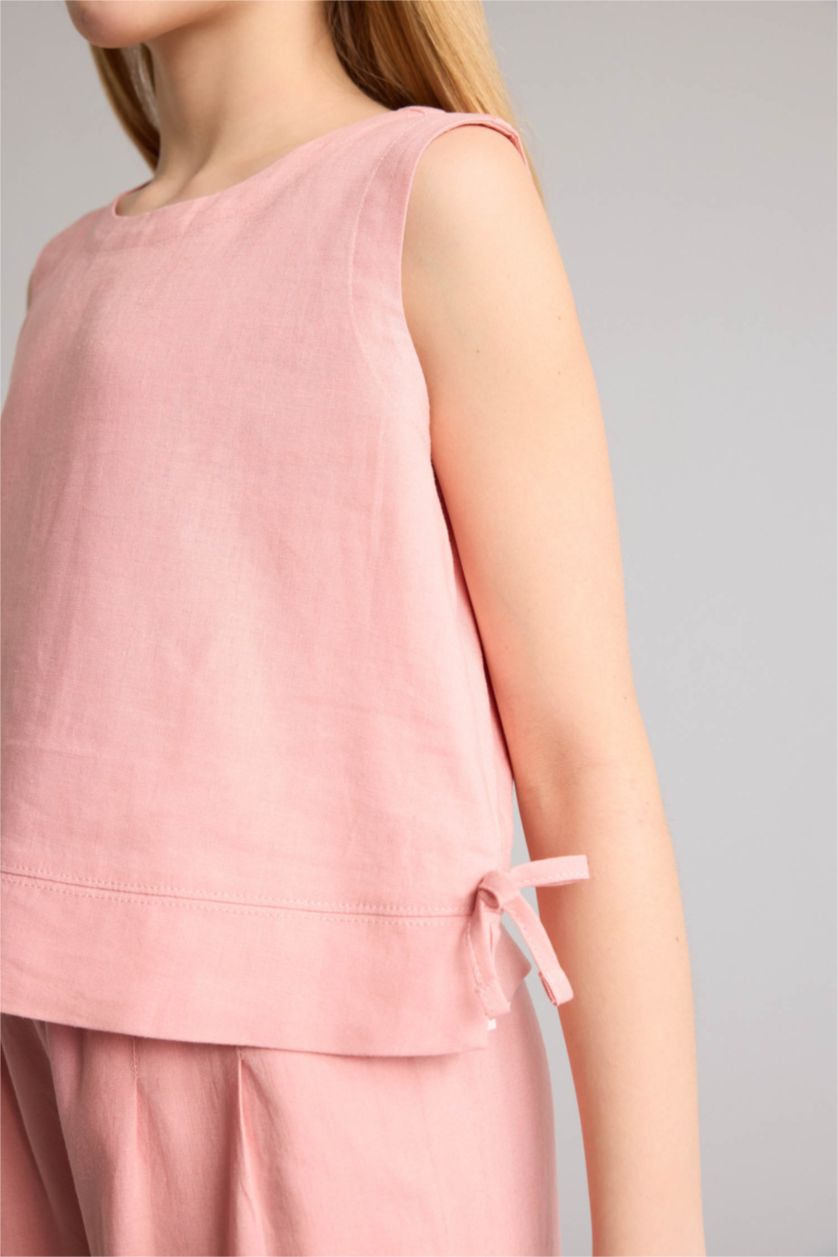 بناتي وردي فاتح بلوزة بناتي نص كم من مزيج الكتان قصة عادية